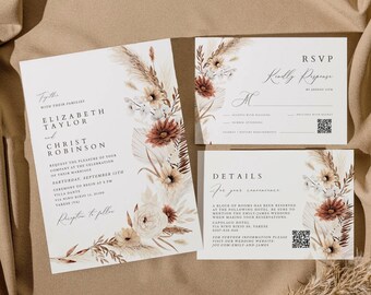 Boho terracotta floral Wedding Invitation Template, Minimalist wedding, Eucalyptus Wedding RSVP, Boho burn orange pampas Invite Printable