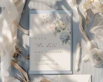 Classic dusty BLUE flower Wedding Save the date Template, Minimalist elegant blue editable Invite, sage green save the date, Printable STD
