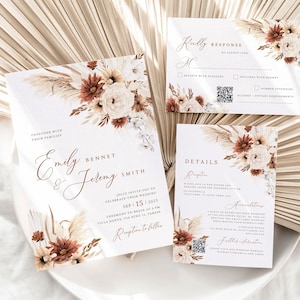 Boho Terrakotta Blumen Hochzeitseinladung Vorlage, minimalistische Hochzeit, Eukalyptus Hochzeit Antwortkarten, Boho orange Pampas einladen zum Ausdrucken