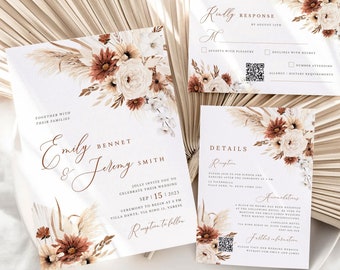 Può includere: Suite di inviti di nozze in stile boho. L'invito presenta un design floreale con erba della pampa secca e uno sfondo bianco. Il testo recita "Emily & Jeremy" e include la data e l'ora del matrimonio. La carta RSVP include un codice QR.