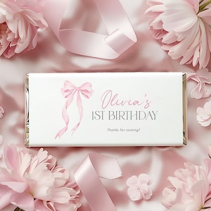 Pink Bow Chocolate Wrapper Printable, Pink Coquette 1st Birthday Favor Chocolate Label, Candy Bar Wrapper Template, Chocolate Bar Template,