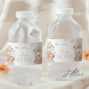 Pink Bow Coquette Baby in Bloom Water Bottle Label Printable, Butterfly Baby Shower Water Label, Pink Floral Baby Shower Water Label Sticker