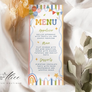 May include: A rectangular menu card featuring a colorful striped border and a wavy blue frame. The text reads MENU, Appetizer, Grilled Asparagus with Truffle Oil and Shaved Parmesan, Main, Filet Mignon with Red Wine Reduction, Served with Mashed Potatoes and Haricot Verts, Desserts, Miniature Chocolate Tarts with Fresh Raspberries and Whipped Cream, decorated with balloons, bunting, and stars.