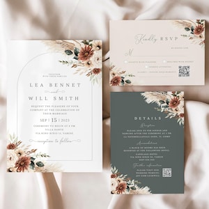 Boho terracotta floral Wedding Invitation Template, Minimalist wedding, Eucalyptus Wedding RSVP, Boho burn orange pampas Invite Printable