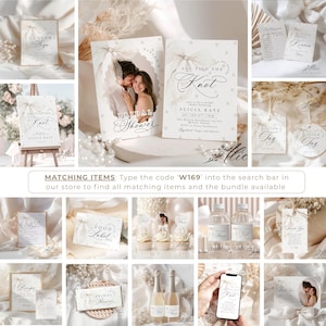 K&ouml;nnte beinhalten: Eine Auswahl an Hochzeits-Papeterie in einem neutralen Farbschema. Das Bild zeigt Einladungen, Anh&auml;nger, Schilder und Etiketten mit eleganter Schrift und floralen Details. Der Text enth&auml;lt "She Tied the Knot" und "Bridal Shower".