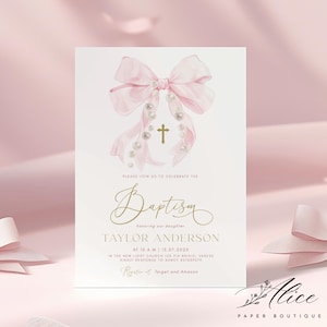 Invitación de bautismo con lazo rosa, invitación para bautizo de niña, invitación para primera comunión, tarjeta de ceremonia religiosa para niña editable e imprimible.