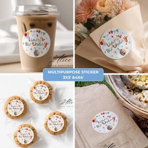 May include: A round white sticker featuring colorful bunting, balloons, and the text "Liam's Birthday" in a playful font, with a small illustrated face at the bottom. The sticker is shown applied to a plastic cup, a flower bouquet, cookies, and a paper bag.