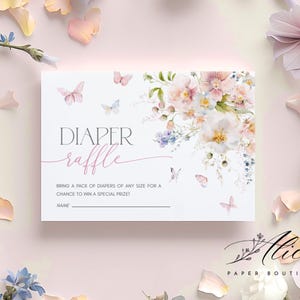 Wildflower Diaper Raffle Card, Baby in Bloom Shower Diaper Raffle Card, Edittable Nappy Raffle Butterflies, Printable Diaper Raffle Template