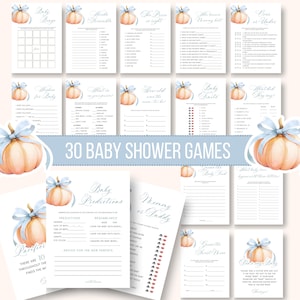 May include: A collection of 30 baby shower games with a pumpkin and blue ribbon design. The games include bingo, trivia, and prediction cards. The text "30 BABY SHOWER GAMES" is displayed in the center of the image.