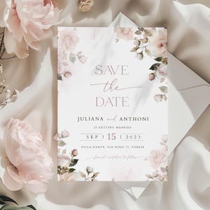 Modèle réservez la date de mariage rose blush, costume de mariage élégant, faire-part de mariage vert sauge modifiable, ensemble de mariage imprimable rose tendre