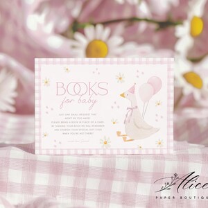 Silly Goose Books For Baby Card, Baby Shower Book Request Card, Pink Gingham Baby Shower Book For Baby, Baby Girl Book Request Printable