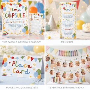 May include: A party stationery set featuring a Time Capsule sign and card, a menu card, a folded place card, and a baby face banner. Each item displays a colorful, hand-drawn style with balloons, party hats, and bunting in blue, red, and yellow.