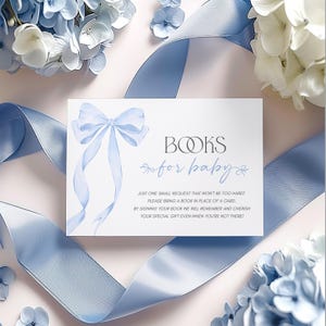 Blue Bow Books For Baby Card, Baby Shower Book Request Card, Blue Coquette Baby Shower Book For Baby, Baby Boy Book Request Printable