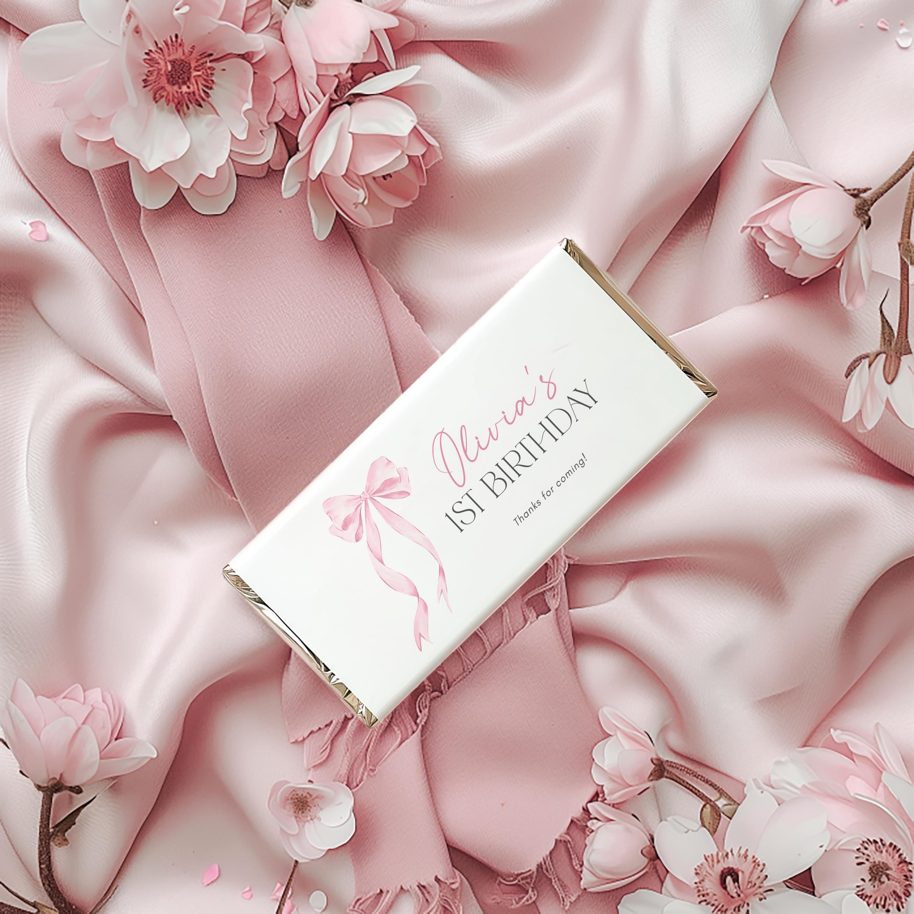 Pink Bow Chocolate Wrapper Printable, Pink Coquette 1st Birthday Favor ...