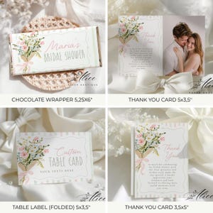 May include: A collection of bridal shower stationery, including a chocolate wrapper (5.25x6 inches), thank you cards, and a table label. The designs feature floral bouquets, soft pink and green accents, and elegant script fonts. The cards are 5x3.5 inches and 3.5x5 inches.