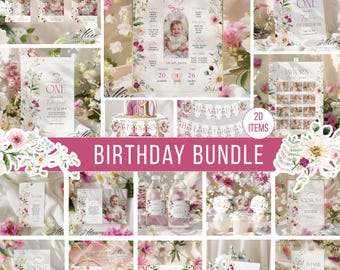 Wildflower 1st Birthday Party Bundle, Editable Template (Digital Download)