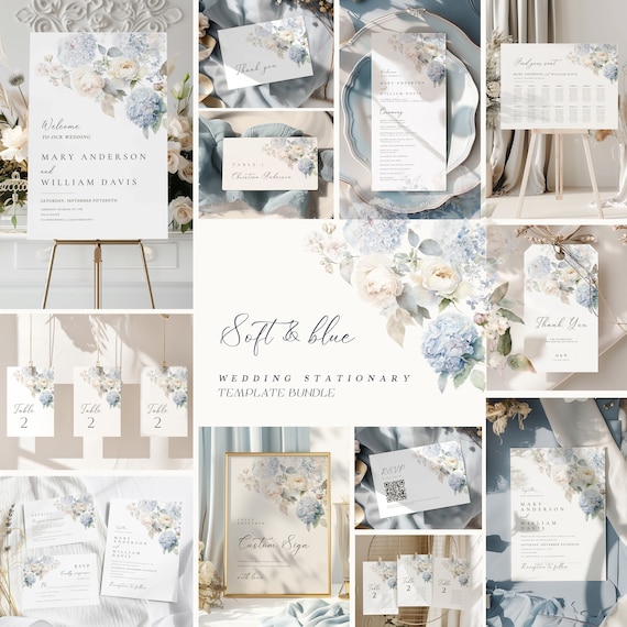Elegant dusty blue floral Wedding invitation BUNDLE Template, flower stationary template, romantic ceremony template, editable RSVP, sign
