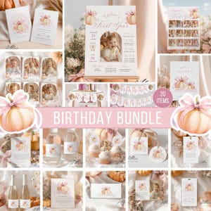 May include: A selection of birthday party decorations with a pumpkin theme. The bundle includes invitations, a milestone poster, cupcake toppers, water bottle labels, and more. The colour scheme is soft pink and peach with a watercolour pumpkin design.