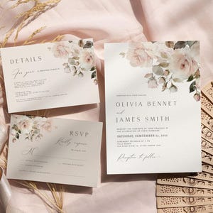 Beige pink Wedding Invitation Template, Minimalist wedding, Eucalyptus rose Wedding Invite, Boho Greenery Rose Invitation Set, Printable DIY