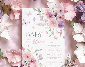Baby in Bloom Shower Invitation, Butterfly Wildflower Theme (Editable Template)