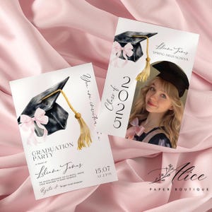 Pink Bow Graduation Invitation, Photo Senior Grad Party Invite, Printable Girl Graduation Announcement, Editable Coquette Grad Party Invite