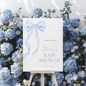 Blue Bow Welcome Sign, Blue Coquette Baby Shower Welcome Sign Printable, Blue Baby Boy Shower Sign Template, Baby Shower Entrance Welcome