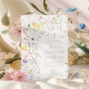 Pode incluir: Um convite floral para a Santa Comunhão com a palavra "Comunhão" em semicírculo. O convite inclui o nome "Katiune ANDERSON", a data "SAT 15 SEP" e o texto "Junte-se a nós para a Santa Comunhão de nossa filha".