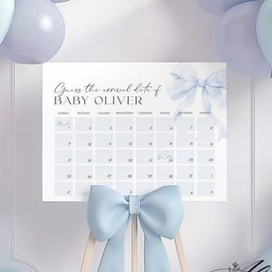 Blue Bow Baby Shower Due Date Calendar, Birth Date Sign, Baby Arrival Sign Printable, Blue Coquette Baby Shower, Prediction Date Sign Shower
