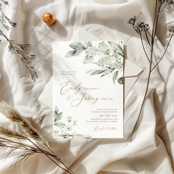Dusty Sage Green Wedding Invitation Template, Minimalist wedding, Eucalyptus Wedding Invite, Boho Greenery pampas Invitation Set, Printable