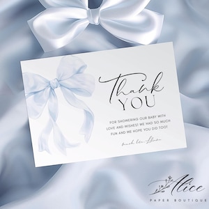 Blue Bow Thank You Card Template, Blue Coquette Printable Thank You Card, Baby Shower Gratitude Card, Dusty Blue Classic Boy Baby Shower