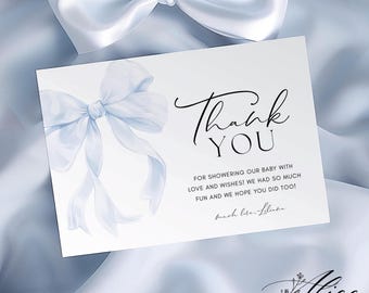 Szablon kartki z podziękowaniami w kolorze Blue Bow, kartka z podziękowaniami Blue Coquette do druku, kartka z podziękowaniami na baby shower, klasyczny baby shower dla chłopca w kolorze Dusty Blue