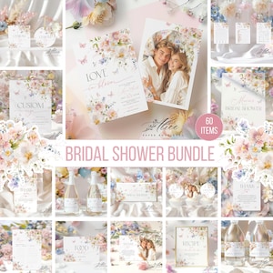 Love in Bloom Bridal Shower Invitation Set, Pink Floral Party Template (Editable, Printable Bundle)