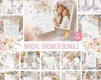 Love in Bloom Bridal Shower Invitation Set, Pink Floral Party Template (Editable, Printable Bundle)