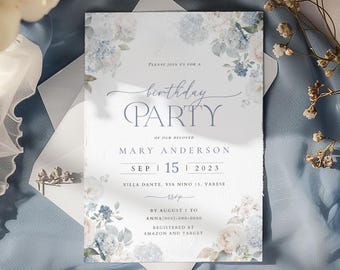 Floral Birthday Invitation Template, Dusty Blue (Digital Download)