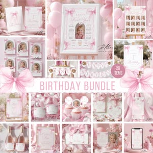 Può includere: Una collezione di decorazioni e articoli di cancelleria rosa per feste di compleanno. Include inviti, decorazioni per cupcake, etichette per bottiglie d'acqua e una foto incorniciata. Il testo include "Kate's First Year" e "Birthday Bundle".