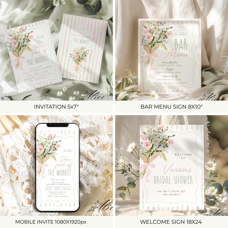 May include: A collection of wedding stationery featuring floral bouquets and soft pastel colors. Includes invitations, a bar menu sign, a mobile invite, and a welcome sign. The text includes "She's fresh off the market" and "Bridal Shower".