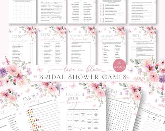 Love in Bloom Bridal Shower Games Bundle, Pink Floral (Editable Digital Download)