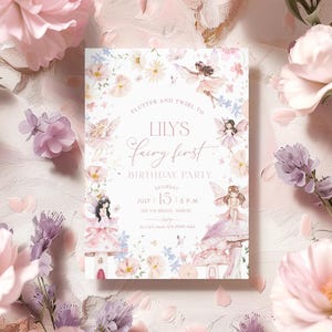 Fairy First Birthday Invitation for Girls, Editable Boho Pink Fairy Party Invite, Enchanted Garden Theme, Printable 1st Birthday Card