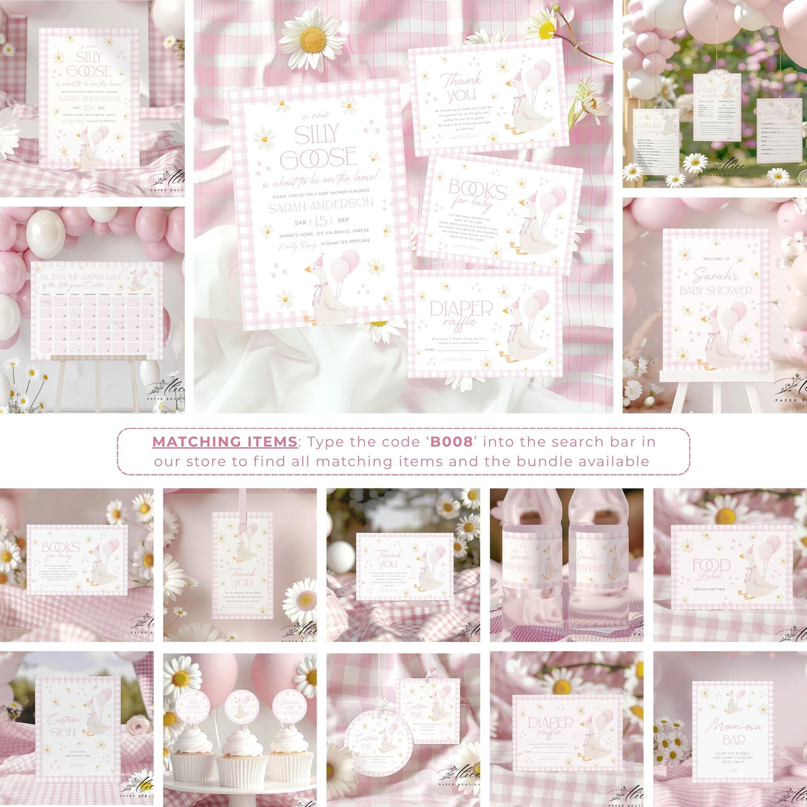 Silly Goose Diaper Raffle Card, Pink Gingham Baby Shower Game Insert ...
