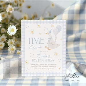 One Silly Goose Time Capsule, 1st Birthday Keepsake Box for Baby Boy, Printable Time Capsule Gift, Blue Gingham Goose Theme Party Decor