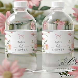 Pink Bow Coquette Baby in Bloom Water Bottle Label Printable, Butterfly Baby Shower Water Label, Pink Floral Baby Shower Water Label Sticker