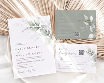 May include: Wedding invitation suite with a green and white watercolor floral design. The invitation features the names "Emily Bennet" and "William Smith" with the date "September 15th, 2023". The RSVP card includes a QR code for guests to respond.