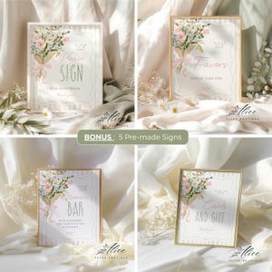 May include: Four framed signs with floral bouquets and text for a wedding or event. The signs include "Please Sign," "Favors," "Mimosa Bar," and "Cards and Gift." Each sign has a floral bouquet with pink and blue flowers and a pink ribbon.