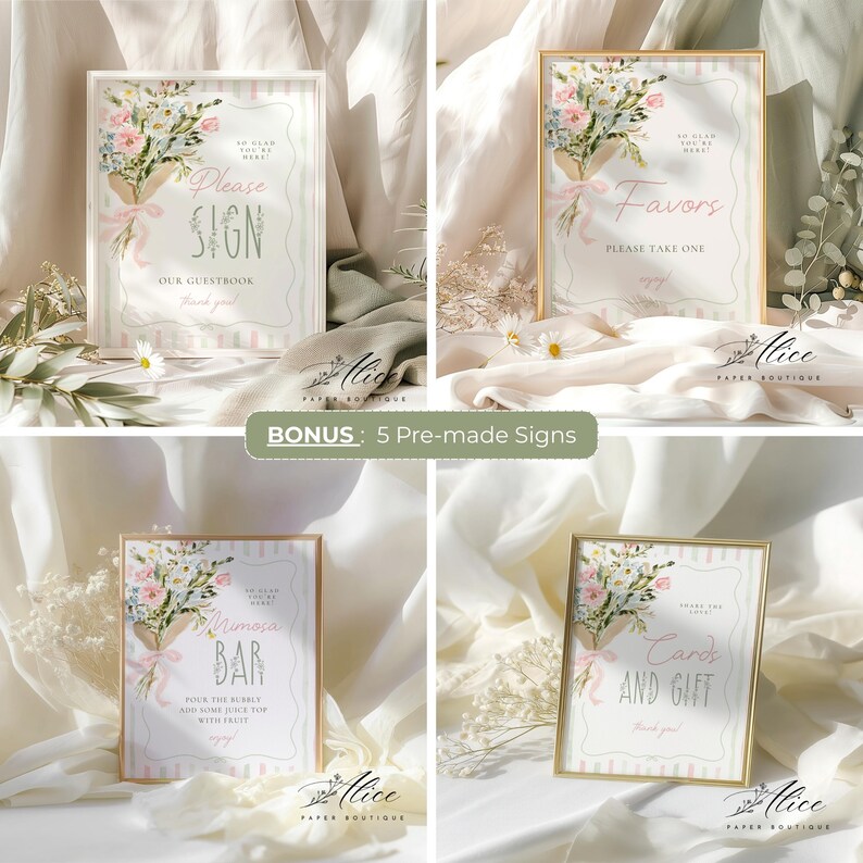 May include: Four framed signs with floral bouquets and text for a wedding or event. The signs include "Please Sign," "Favors," "Mimosa Bar," and "Cards and Gift." Each sign has a floral bouquet with pink and blue flowers and a pink ribbon.