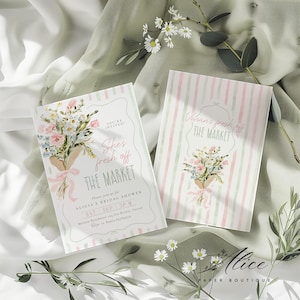 May include: Two invitation cards with floral bouquets and the text "She's fresh off the market" and "Vuran's fresh off the market". The cards have a soft, pastel color palette with pink, green, and white stripes and floral accents. The cards are for Alicia's bridal shower.