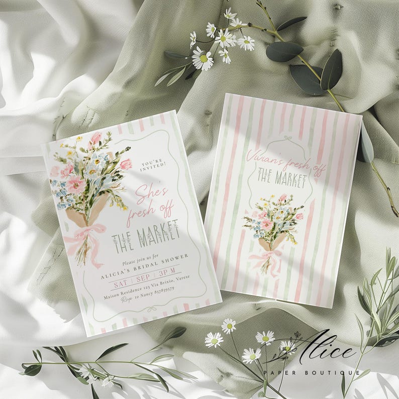 May include: Two invitation cards with floral bouquets and the text "She's fresh off the market" and "Vuran's fresh off the market". The cards have a soft, pastel color palette with pink, green, and white stripes and floral accents. The cards are for Alicia's bridal shower.