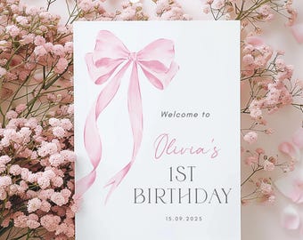 Pink Bow First Birthday Welcome Sign Template (Digital Download)