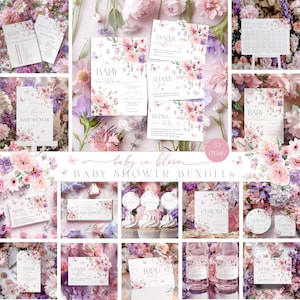 Baby in Bloom Baby Shower Bundle Invitation Girl, Editable Wild Floral Games, Pink Baby Shower Template, Butterfly Spring Baby Shower Bundle