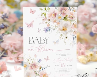Baby in Bloom Shower Invitation, Editable Butterfly Wildflower Template (Printable)