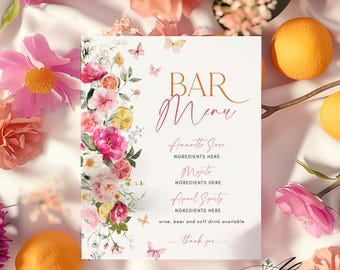 Citrus Floral Bar Menu Sign, Bridal Shower, Printable Template